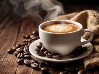 Poster  cup of coffee accompanied by coffee beans on a textured wooden table
