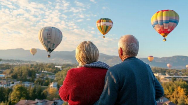A retired couple stands together, admiring a fleet of hot air balloons as they drift gracefully across a clear sky. The couple appears content, sharing a special moment during the vibrant dawn.