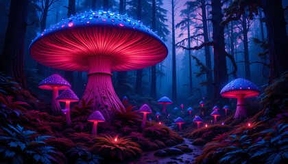 Fototapeta premium Magical Illuminated Mushrooms in Enchanted Forest Under Moonlight Glow