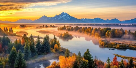 Naklejka premium A winding river through an autumn forest, clear water reflecting the sky, surrounded by orange and golden trees, misty background