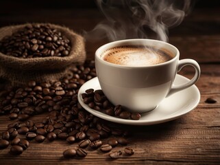 Fototapeta premium A cup of coffee sits beside scattered coffee beans on a rustic wooden table