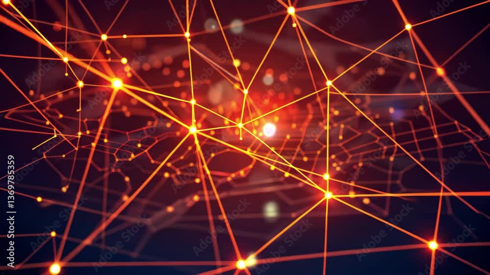 Poster illuminated nodes and lines form a complex web, showcasing a vibrant digital network with a warm glo