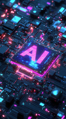 Obraz premium AI Chip on a Circuit Board with Neon Lighting