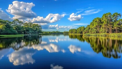 Fototapeta premium A calm lake with crystal-clear water reflecting a blue sky and white clouds, surrounded by dense green forest, tall trees with brown palm trees, bright blue sky with fluffy white clouds