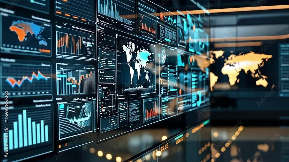 Poster multiple computer screens displaying real time data, charts, graphs, and a world map, representing a