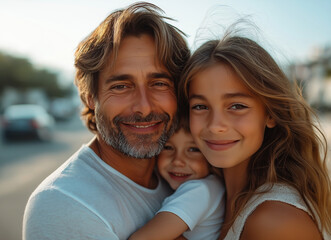 Fototapeta premium Happy family of four laughing on the beach at sunset, captured in a warm, high-resolution Instagram-style photo shoot, showcasing love, joy, and unforgettable moments