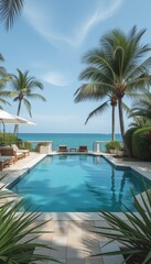 Fototapeta premium Tropical poolside view with palm trees against a blue ocean 