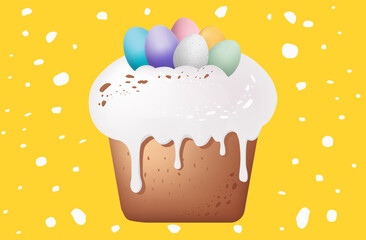 Easter cake with eggs, sweet pastry, festive kulich. Traditional dessert with icing and fondant. Spring event, Easter holiday, decorated confectionery for menu. Vector illustration.