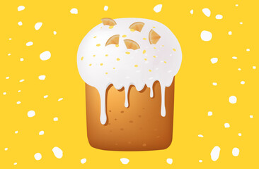 Easter cake with lemon, sweet pastry, festive kulich. Traditional dessert with icing and fondant. Spring event, Easter holiday, decorated confectionery for menu. Vector illustration.