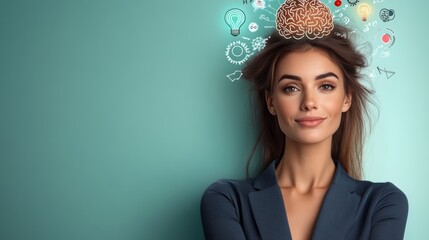 Woman with a brain on her head is smiling. The image is a creative representation of the idea of intelligence and the importance of thinking