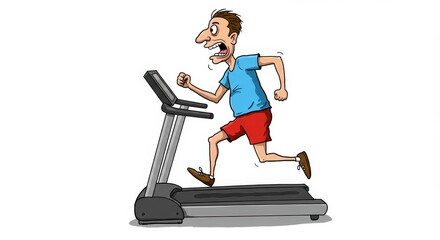 Man Running on Treadmill - Cartoon illustration of a man grimacing while running on a treadmill, conveying exertion and possibly dislike of exercise