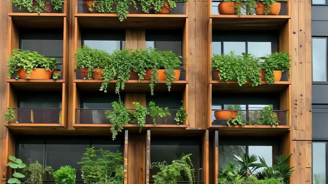 The fa&Atilde;&sect;ade of a contemporary apartment building features multiple plant-filled wooden boxes that enhance urban livability through greenery and sustainability.