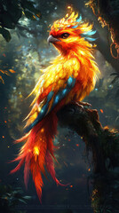 A mythical phoenix with vibrant feathers perched on a tree branch in a forest setting