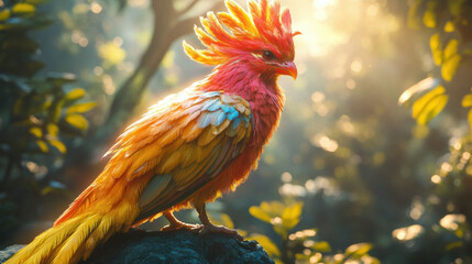 Fototapeta premium A vibrant bird with fiery plumage perched in a sunlit forest