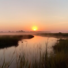 Fototapeta premium Serene Sunrise Over Misty Marsh Landscape