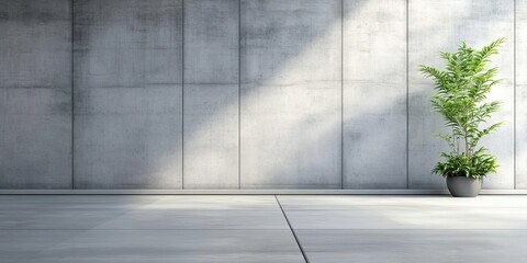 Obraz premium A modern indoor space with gray concrete walls, white tiled floor, a tall green plant in a gray pot in the corner