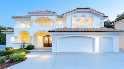 Elegant Luxury Home with Stunning Curb Appeal and Bright Exterior Lighting at Dusk