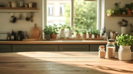 Sunny Kitchen Tabletop with Herbs and Grains Jars Sunlight Streaming Through Window