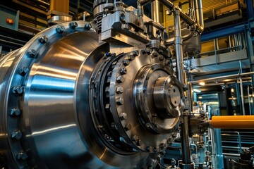 Fototapeta premium Close-up of a complex industrial valve in a modern facility with machinery in the background
