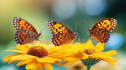 Obraz premium Three Beautiful Butterflies on a Yellow Flower