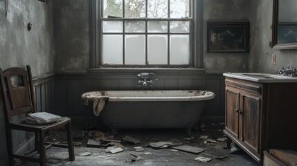 Abandoned bathroom in a dilapidated house. Use Stock photo for interior design, abandoned places, decay, history