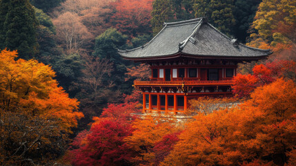 Naklejka premium Traditional Japanese Temple Surrounded by Autumn Foliage