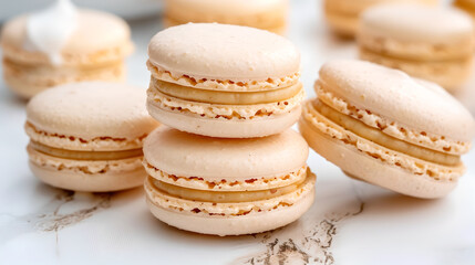 Fototapeta premium Freshly baked almond macarons with creamy filling, perfect for dessert lovers