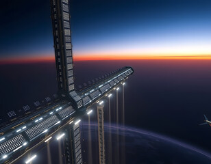 A towering space elevator lined with solar panels reaches into space, harnessing sunlight to power its ascent. A breathtaking vision of futuristic transportation.