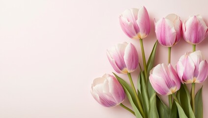 Naklejka premium Pink tulips arrangement on pastel background, spring floral design, perfect for greeting card or social media