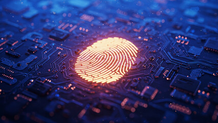 A close-up depiction of a shining fingerprint overlaying an abstract circuit board design, signifying the relationship between security and technology in the modern era