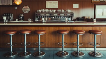 Retro diner counter, stools, drink dispenser.