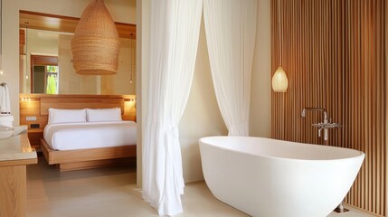 Combined bedroom bathroom space, low bed and freestanding tub, warm soft lighting, linen curtains, sculptural layout