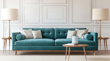 Contemporary Scandinavian living room, muted teal velvet sofa, low neutral lighting from soft lamps and ceiling glow, oat colored rug, clean pastel accents