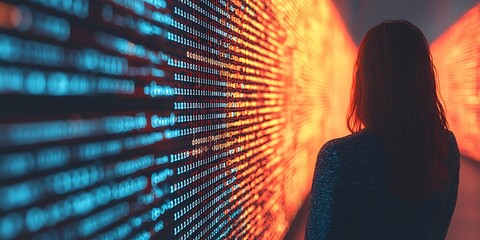 A person stands in front of a vibrant wall of illuminated data, reflecting a blend of technology and digital information.