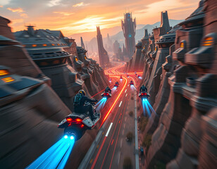 Hoverbikes speed through a solar-powered canyon city, their neon trails glowing against futuristic cliffs. A high-energy, action-packed sci-fi vision.