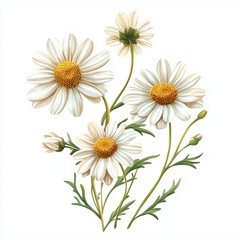 Obraz premium illustration of Daises, spring flowers, soft watercolor tones, white background, detailed illustration, cartoonish.