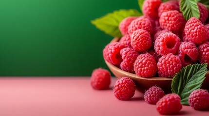 Bowl of red raspberries with green leaves. The bowl is on a pink background. The raspberries are ripe and ready to eat