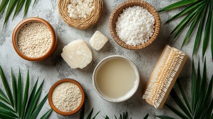 Natural Spa Ingredients and Body Brush on Marble Surface