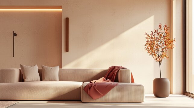 Cozy contemporary lounge, sand toned sofa, raspberry throw blanket, matte lighting, beige walls, minimal decor, evening interior