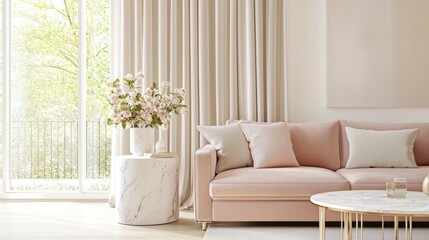 Cozy elegant living room with blush pink velvet sofa, oversized cushions, marble side table, cream curtains, natural light and ambient spot lighting