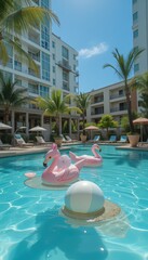 Obraz premium Relaxing pool scene with pink flamingo and beach ball 