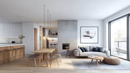 Modern open-plan living space with kitchen, dining, and living areas, featuring light wood flooring, a neutral color palette, and large windows