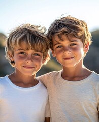 Two brothers boys aged twelve or thirteen and five or six in summer holidays, brothers love family belonging together trust childhood