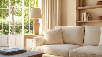 Cozy French country living room, warm beige linen sofa, clay table lamp, linen curtains, soft evening shadows, no shelves