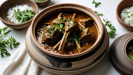 Traditional slow cooked lamb stew with herbs and spices served in a rustic clay bowl for a delicious homemade gourmet meal with tender meat rich flavors and authentic culinary experience