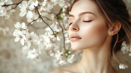Fototapeta premium Serene Beauty Woman with Eyes Closed Amidst Blooming Spring Branches