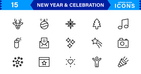 Celebrate the New Year with Stylish Icons for Festive Occasions. This Icon Set Includes Cheers, Fireworks, and Vibrant Symbols for Every Celebration.