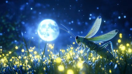 Naklejka premium Nighttime Insect in Luminous Meadow Under a Full Moon