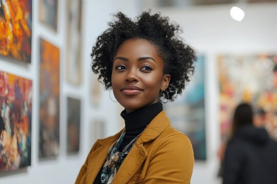 Portrait of cheerful young Black female creator standing in front of art gallery exhibition visitors speaking about photos