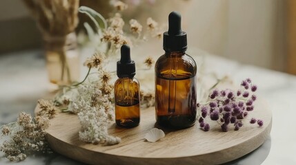 Amber Glass Bottles of Essential Oils with Dried Flowers on Wooden Tray